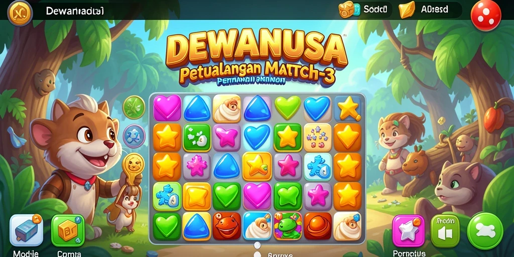 Screenshot gameplay DEWANUSA dengan aksi Match-3 yang seru dan penuh warna.