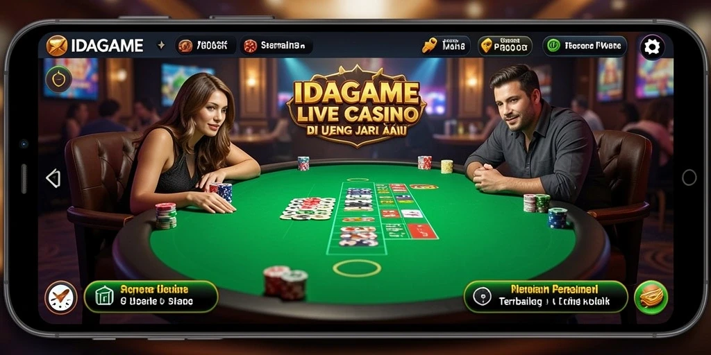 Screenshot menunjukkan dealer langsung IDAGAME dalam suasana kasino yang menegangkan.