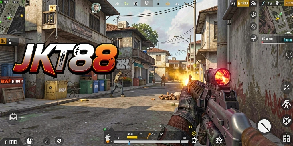 Screenshot utama JKT88 menampilkan aksi menegangkan dalam pertempuran FPS.