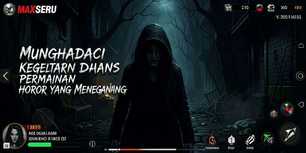Tangkapan layar gameplay MAXSERU yang menampilkan suasana horor yang mencengangkan.