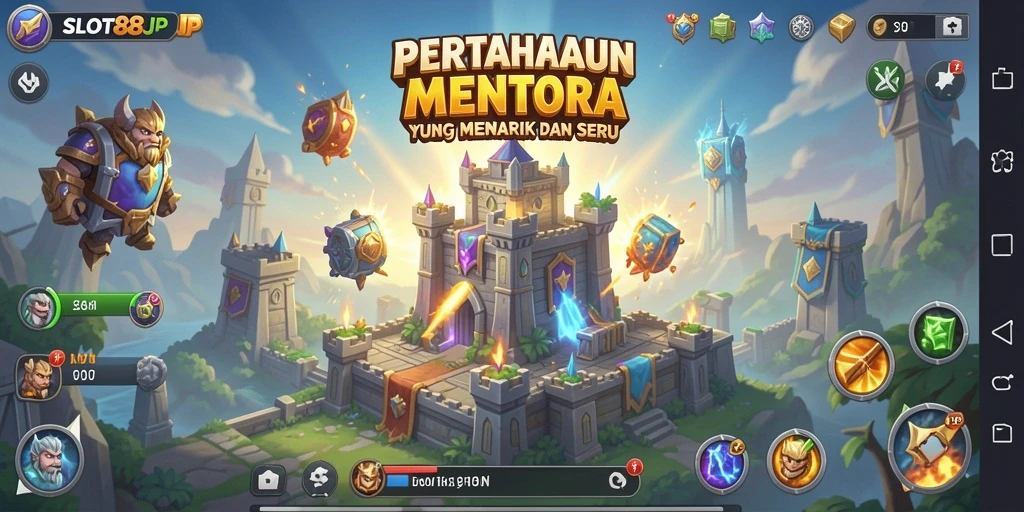 Screenshot gameplay menunjukkan aksi menara mempertahankan dari serangan musuh.