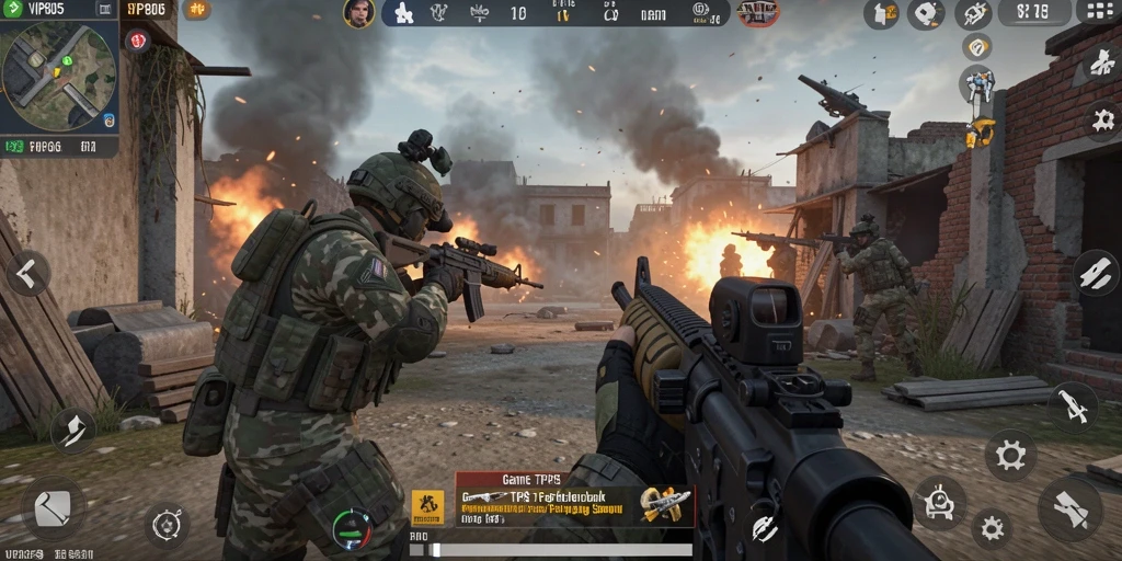 Screenshot menunjukkan pertempuran sengit dalam game TPS VIP805.